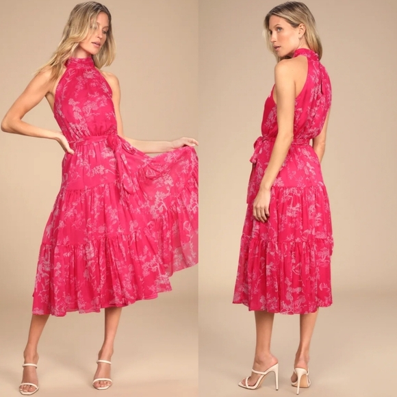 Lulus Float to You Hot Pink Floral Print Halter-Neck Tiered Midi Dress L Wedding - Picture 1 of 10
